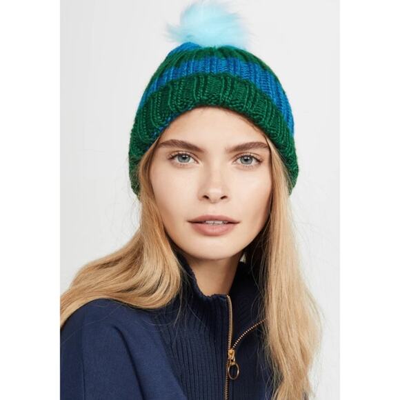 Hat Attack NWT Happy Stripes Blue Green Real Fur Pom Knit Beanie Hat One Size - Picture 1 of 8